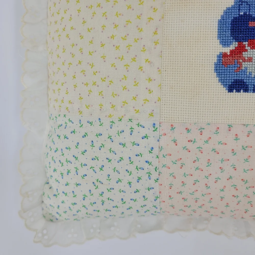 Handmade Vintage Quilted Cross Stitch Pillow Floral Dog Puppy Lace Grandma